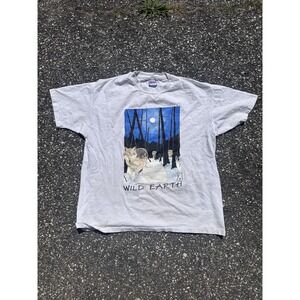 Vintage Hanes Shirt Mens XL Gray Wild Earth Wolves Moon Graphic Tee 90s Nature